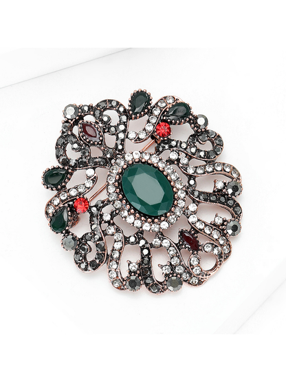 Brovia - Vintage Flower Rhinestone Accent Alloy Brooch