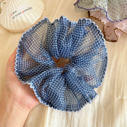 Gifty - Plaid Mesh Ruffle Edge Polyester Scrunchie