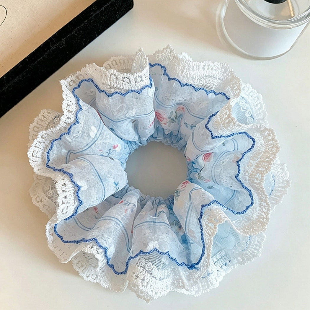 Gifty - Blue Floral Lace Trim Ruffle Edge Scrunchie