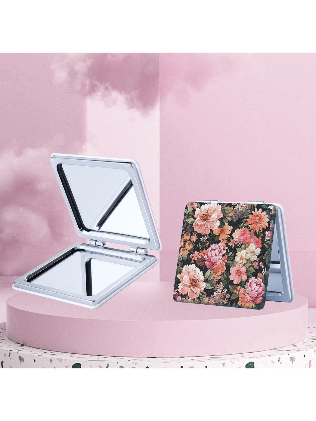 Mirroray - Floral Print PU Folding Makeup Mirror