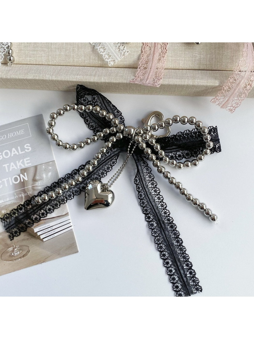 Keypus - Lace Bow Heart Pendant Bag Charm Keychain