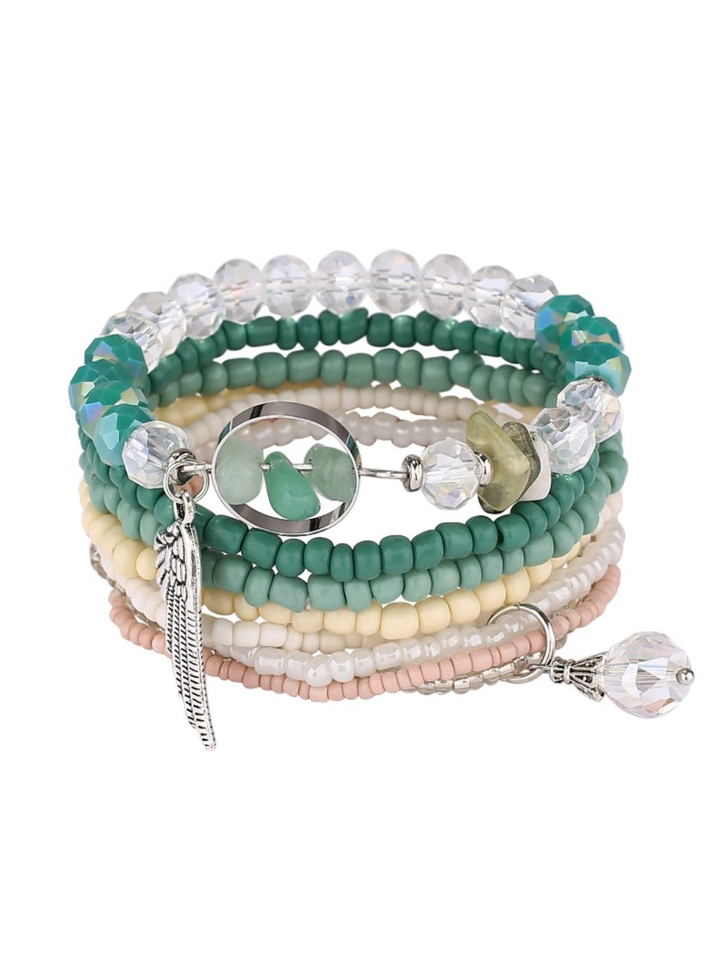 Lovra vintage tassel stackable beaded bracelet coiled to show full design and colors