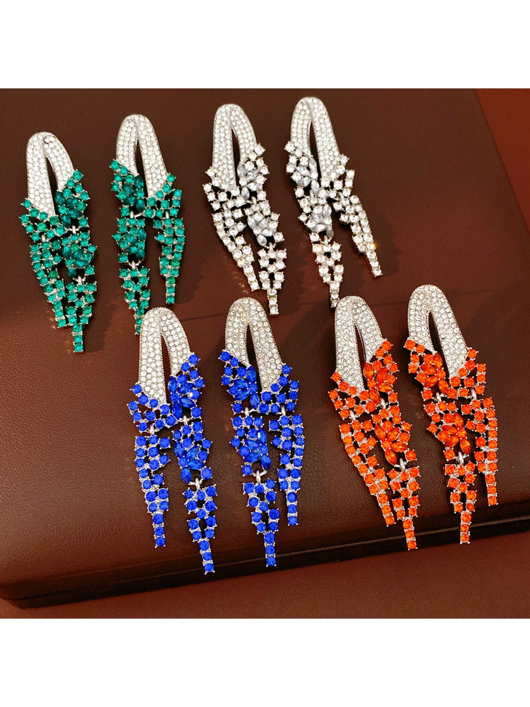 Earedge - Geometric Rhinestone Tassel Dangle Stud Earrings