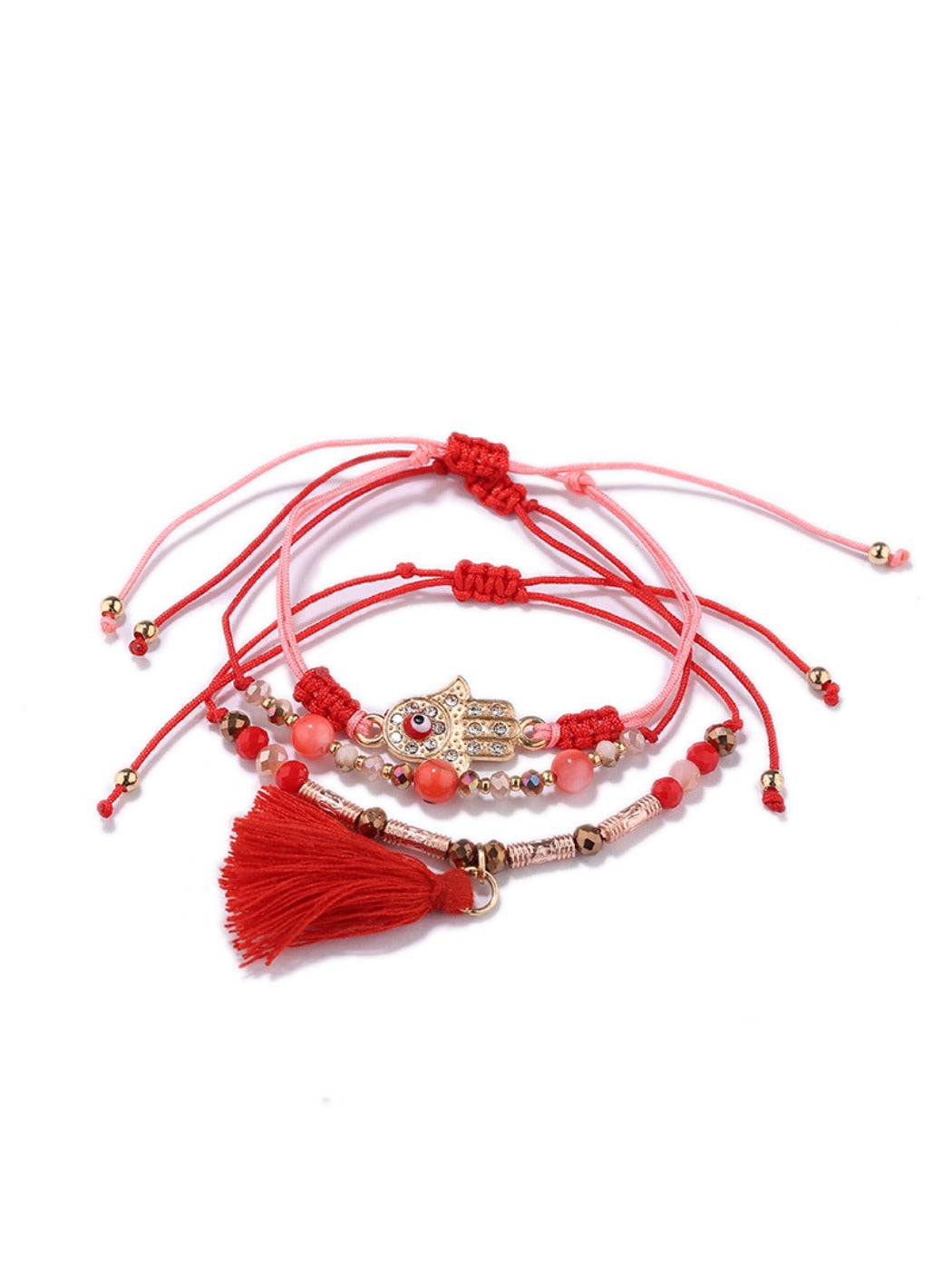 Side view of Lovra alloy charm tassel pendant bracelet