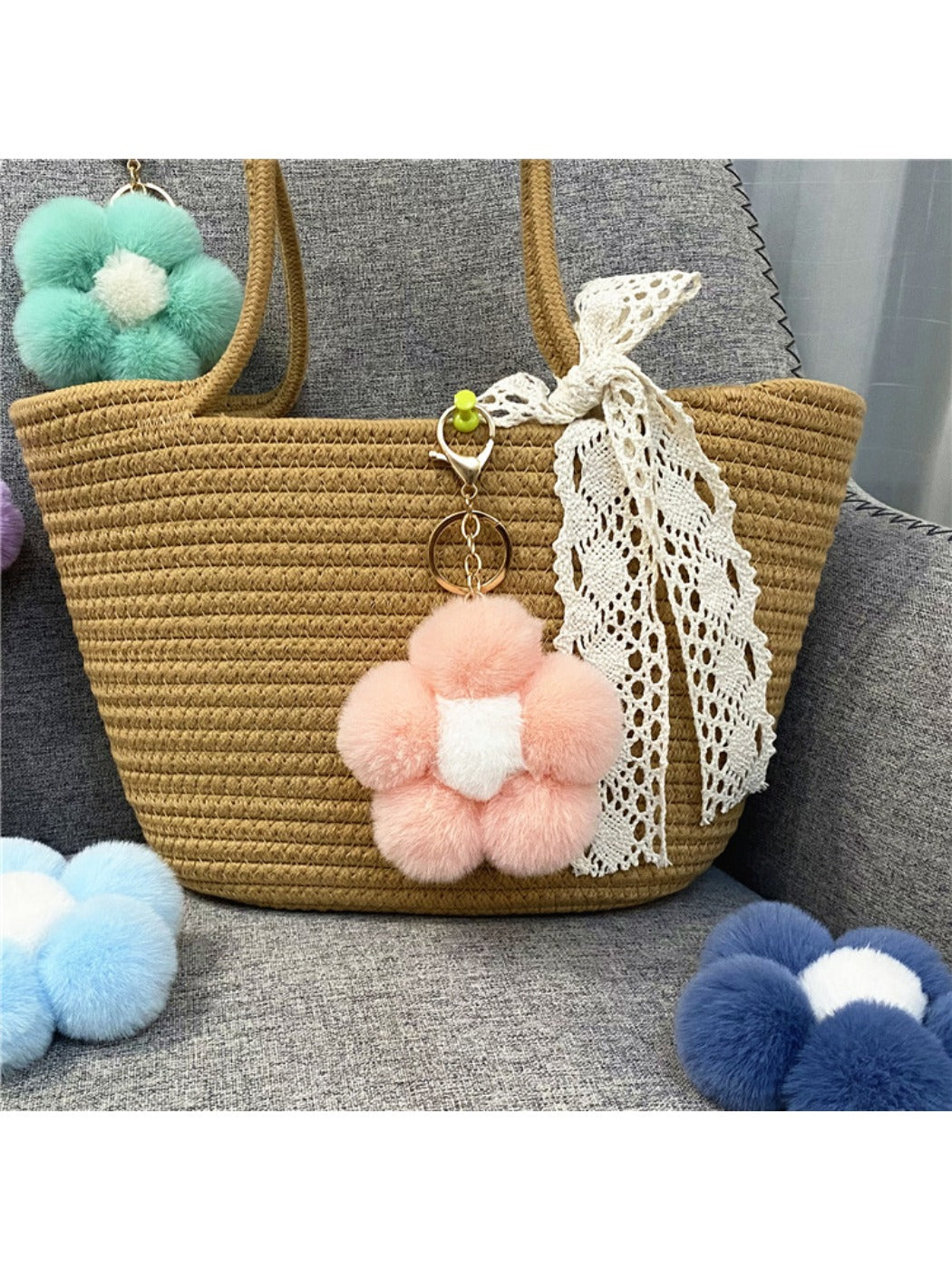 Keypus - Flower Pompom Bag Charm Keychain