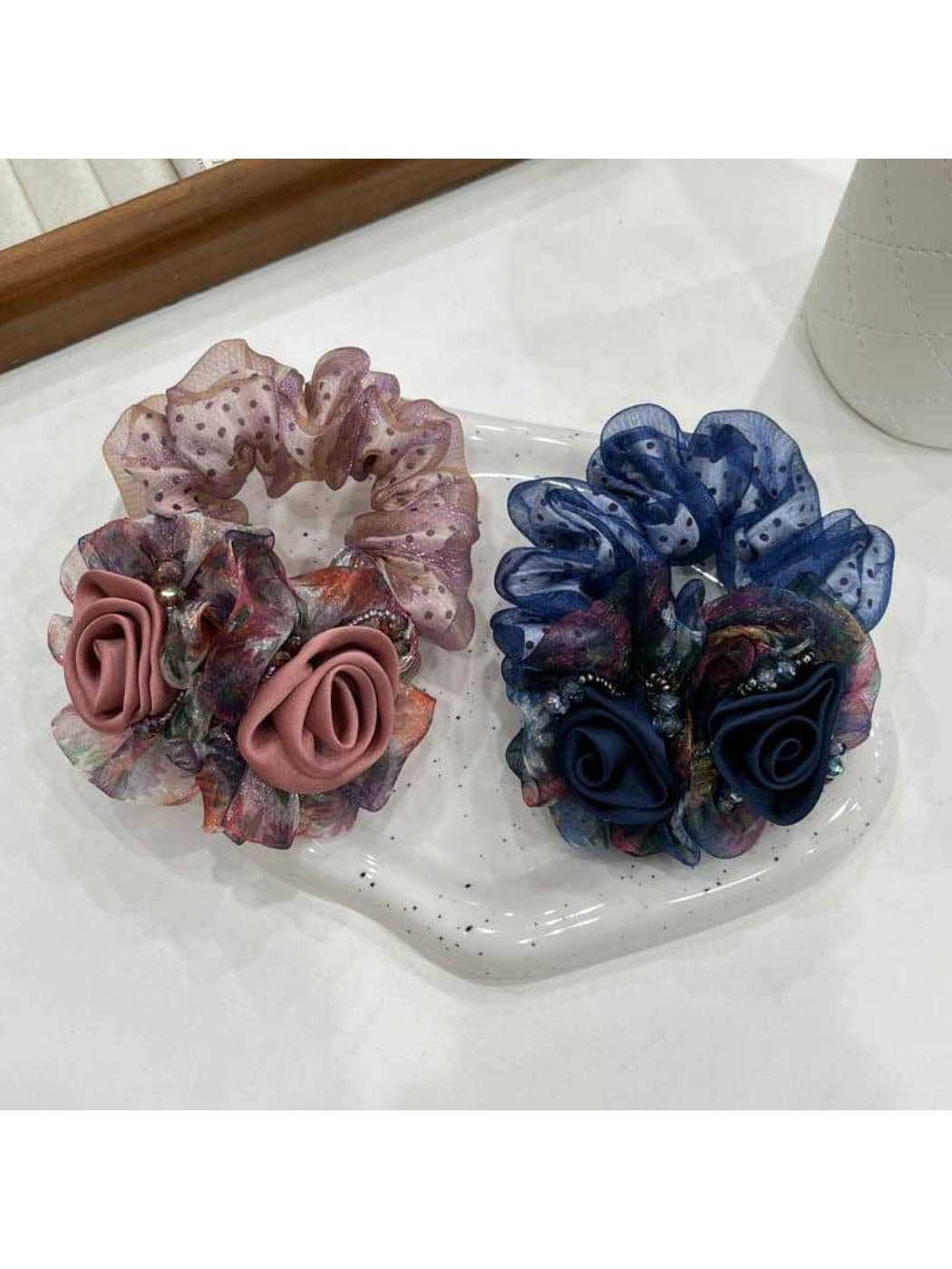 Gifty-Floral Hair Tie Elegant Bow Scrunchie Summer Mesh