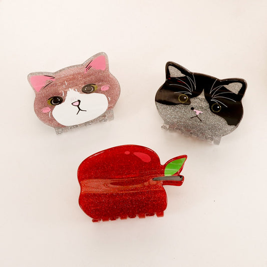 Beau - Apple and Cat Shape Glitter Claw Clip