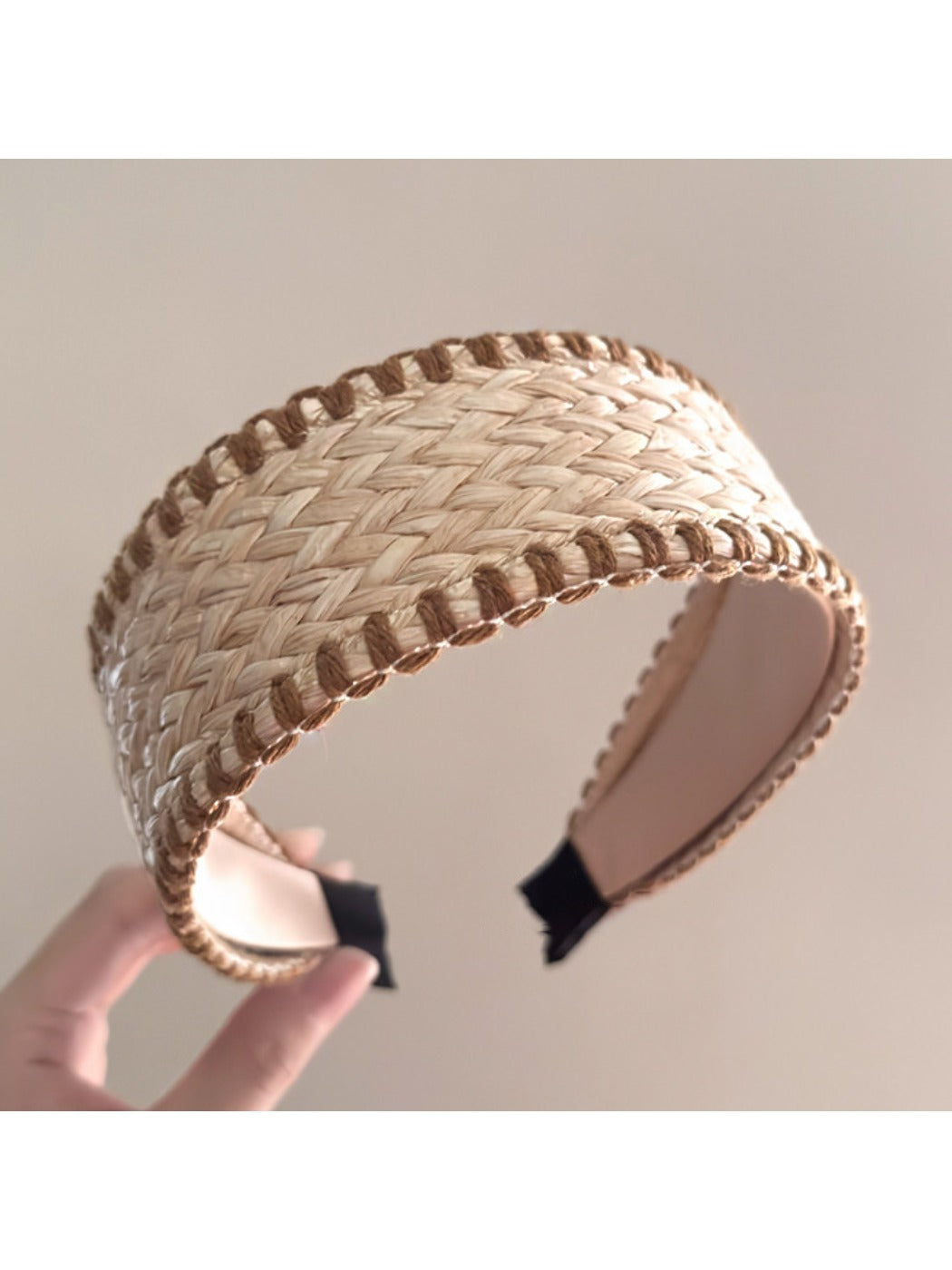 Side view of the bohemian wide headband showing its width and fabric pattern