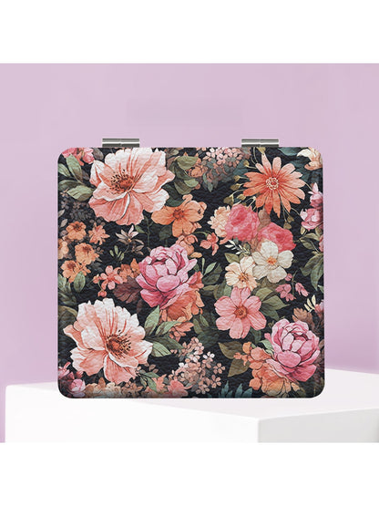 Mirroray - Floral Print PU Folding Makeup Mirror