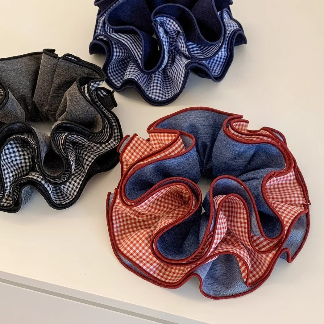 Gifty - Layered Gingham Trim Polyester Scrunchie