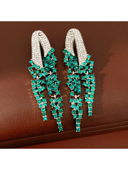 Earedge - Geometric Rhinestone Tassel Dangle Stud Earrings