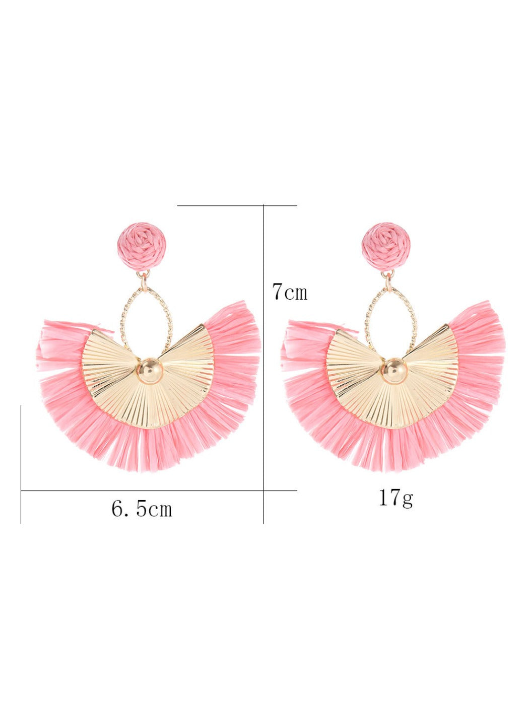 Earedge raffia fan earrings hanging on a wooden display stand