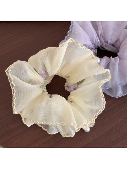 Gifty - Embroidered Sheer Ruffled Floral Scrunchie