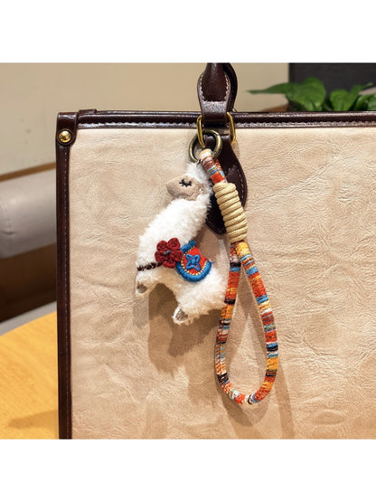 Top view of the alpaca keychain highlighting its round eyes and small ears