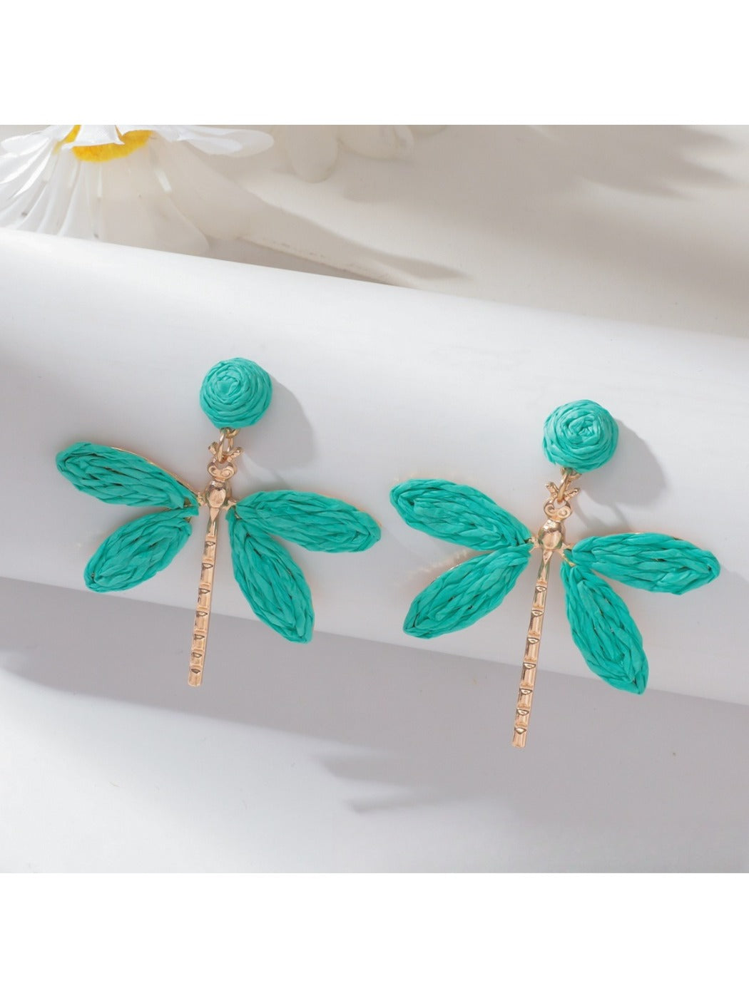 Raffia dragonfly earrings in a gift box with soft fabric lining