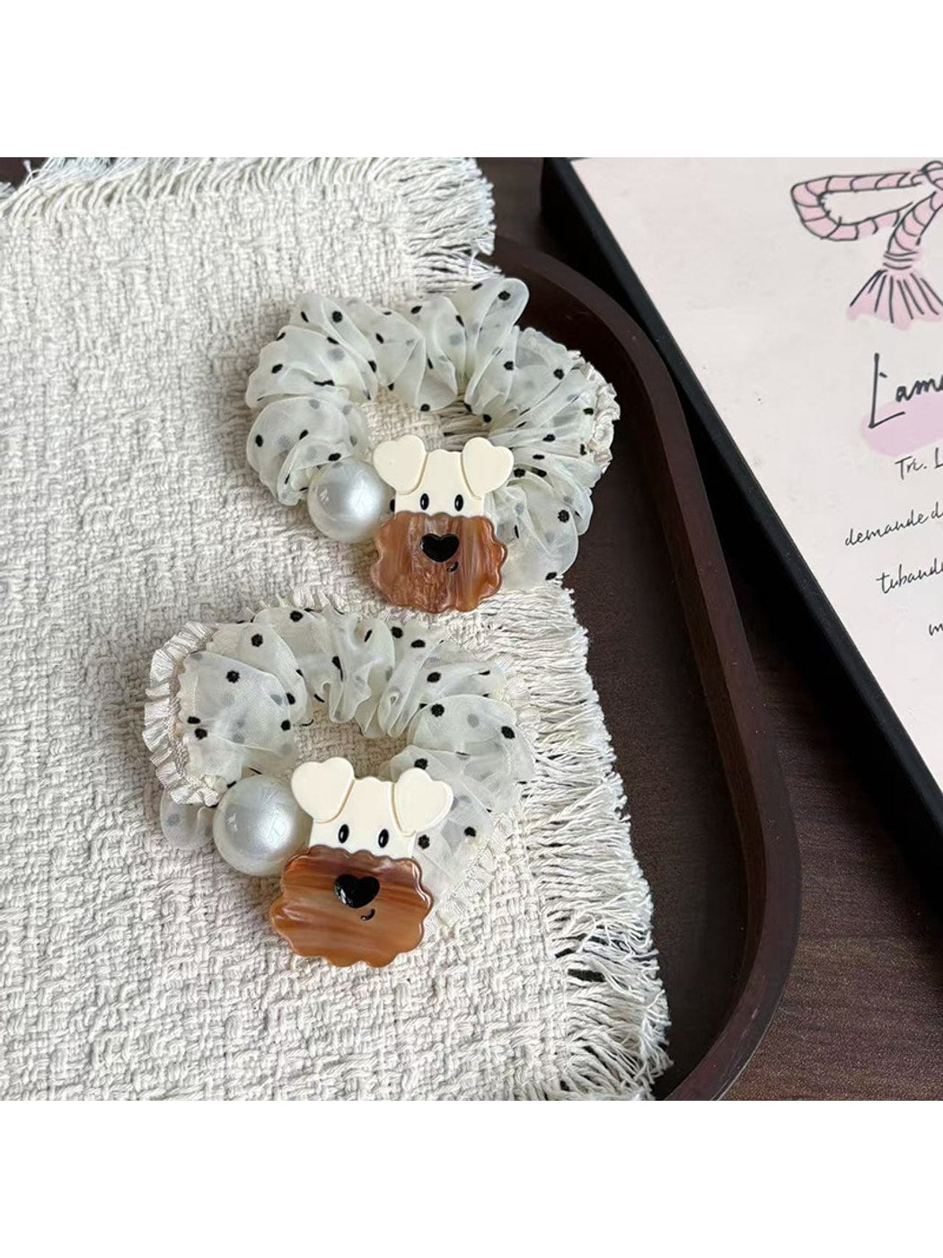 Gifty - Cartoon Dog Polka Dot Ruffle Trim Scrunchie