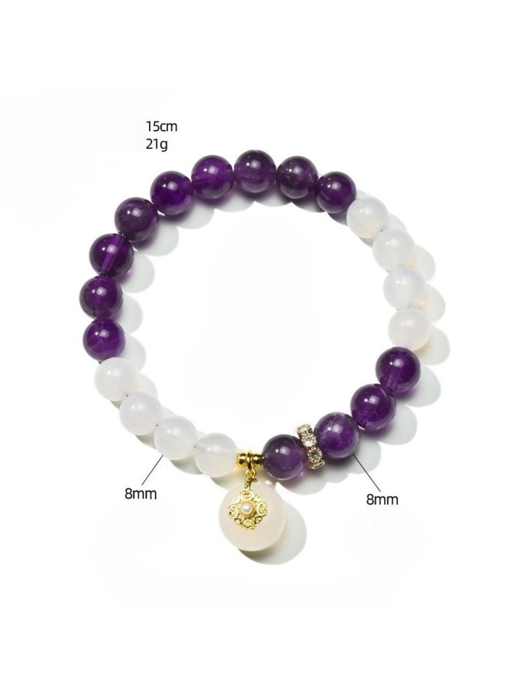 Side view of purple crystal beaded bracelet showing bead details