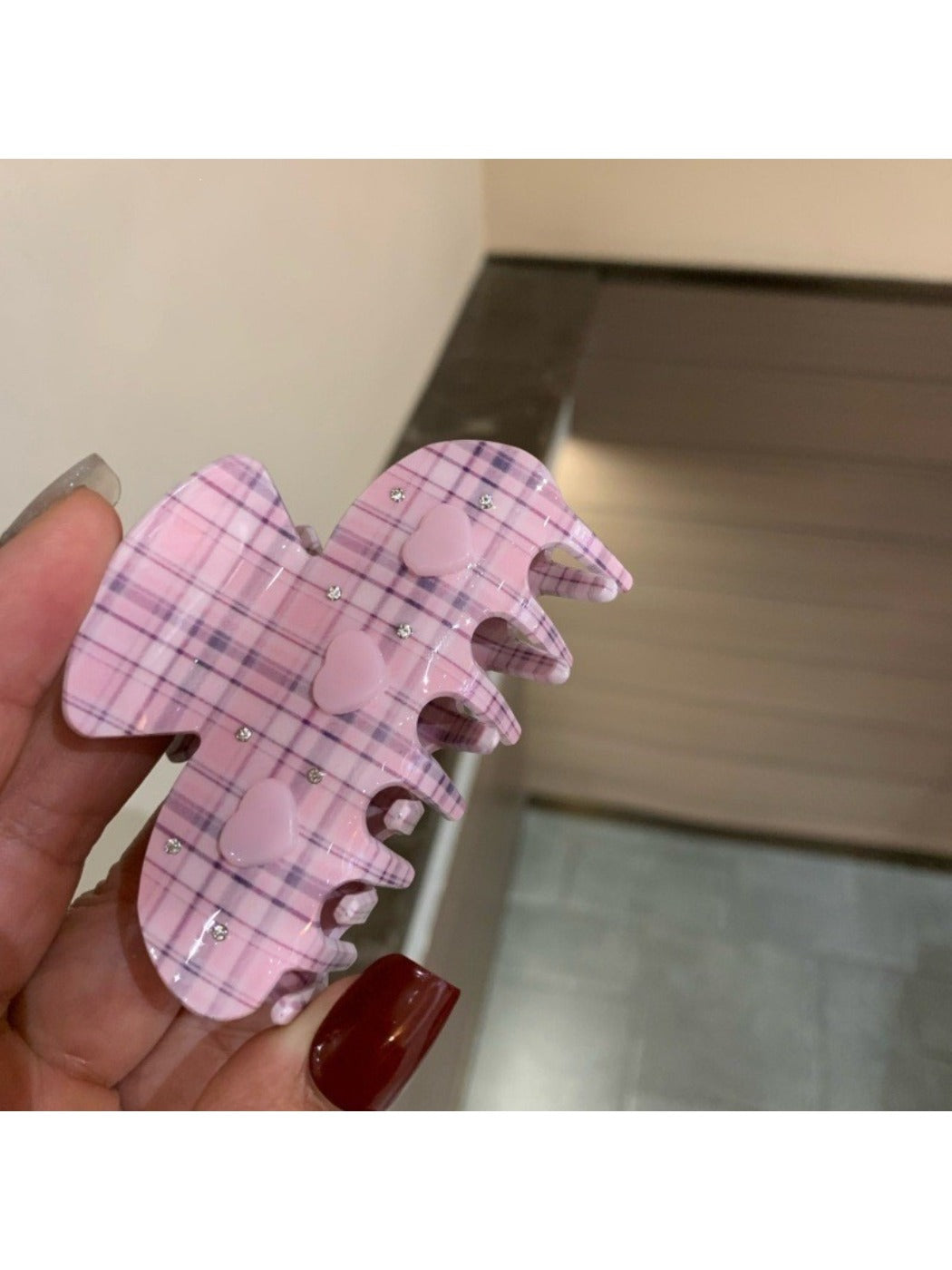 Beau Fresh Plaid Acetate Hair Clip worn in long brown hair, styled half-up