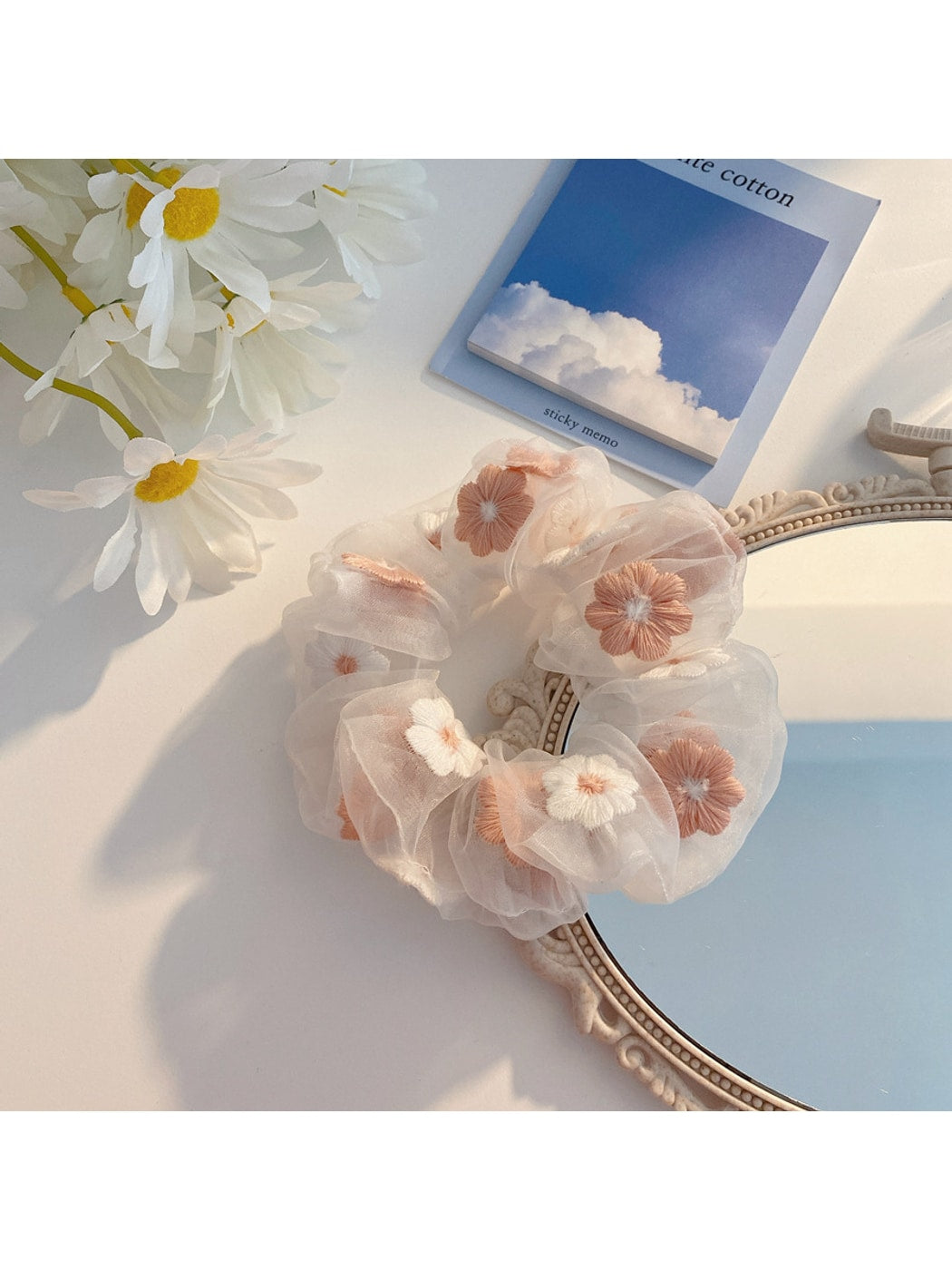 Gifty - Embroidered Flower Organza Look Scrunchie