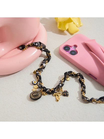 Earedge - Floral Patterned Cord And Chain Necklace