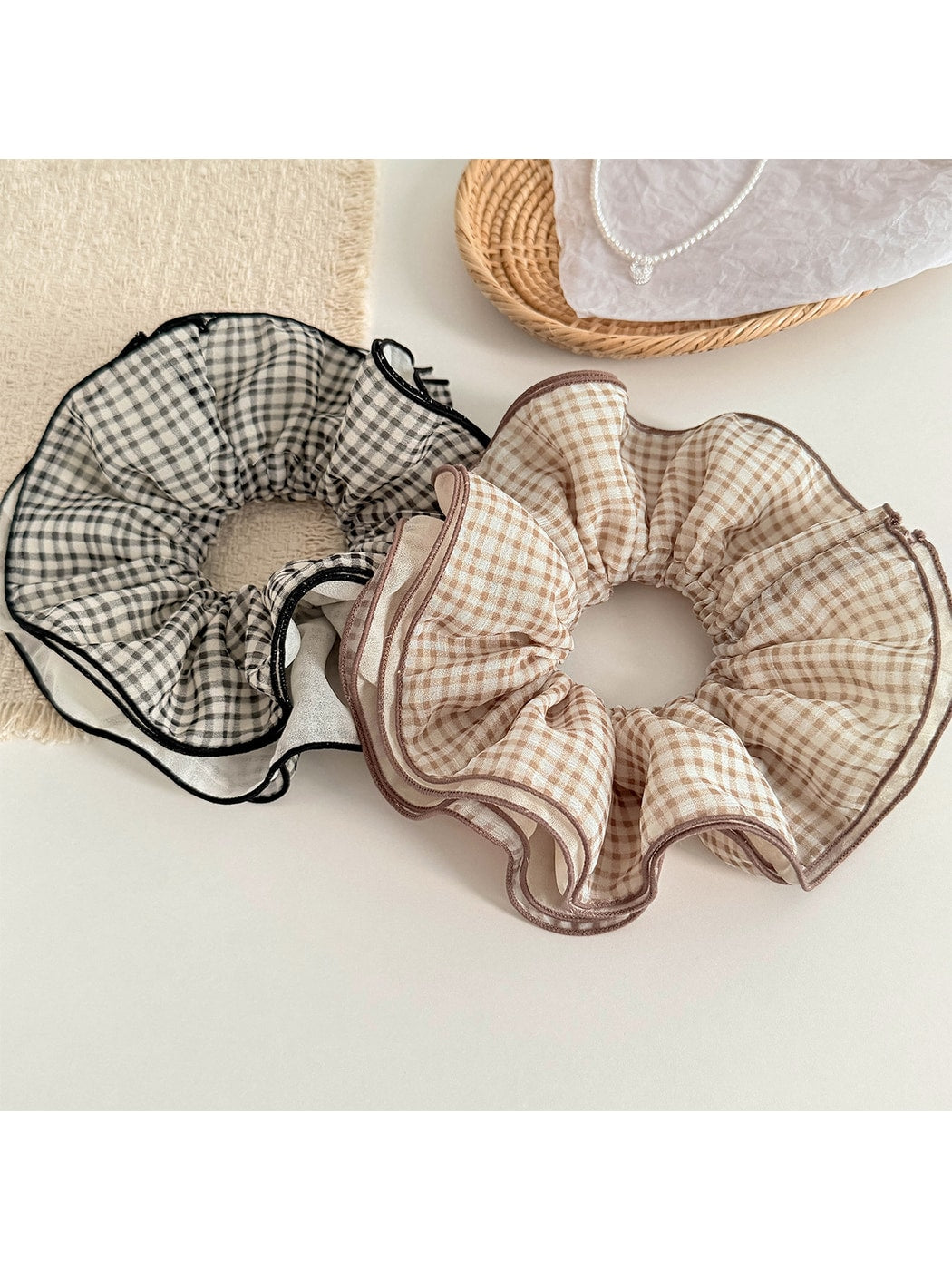 Gifty - Plaid Mesh Lace Trim Ruffled Hair Scrunchie