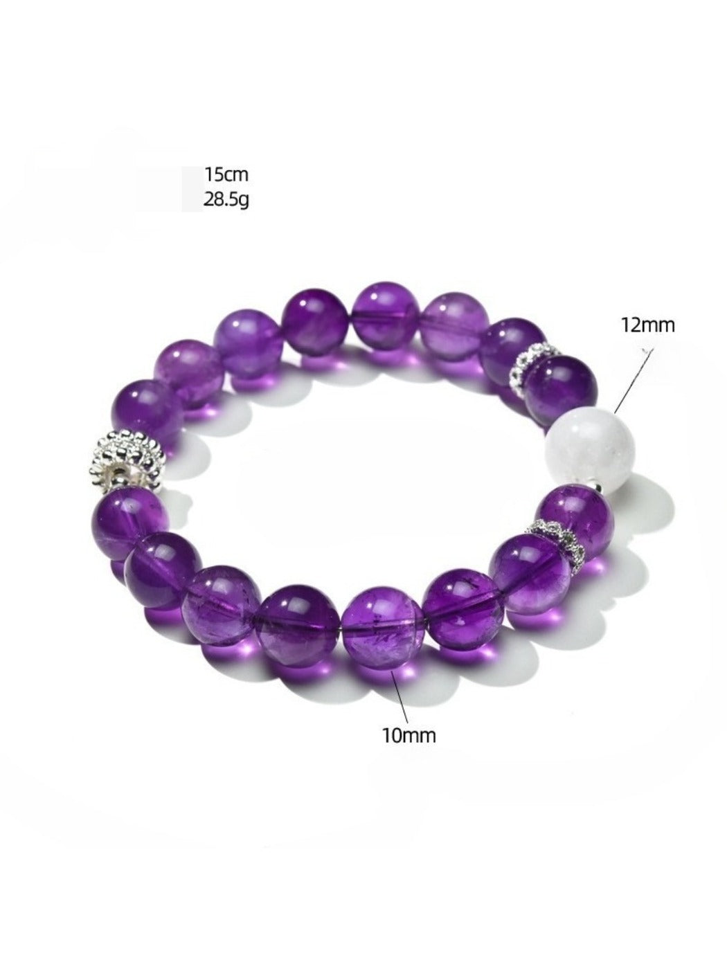 Purple and white crystal beads of Lovra bracelet reflecting light closely