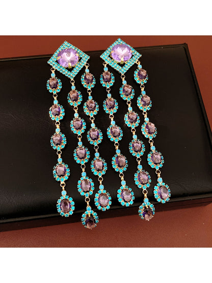 Earedge - Vintage Rhinestone Geometric Tassel Earrings