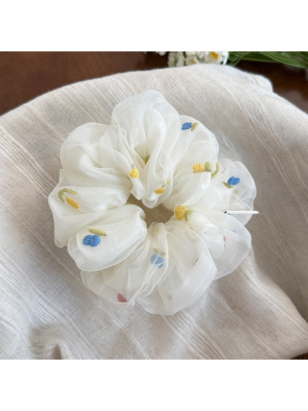 Gifty - Mesh Embroidered Polka Dot Ruffled Scrunchie