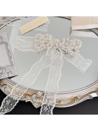 Beau - Beaded Bow Lace Ribbon Long Tail Hair Clip