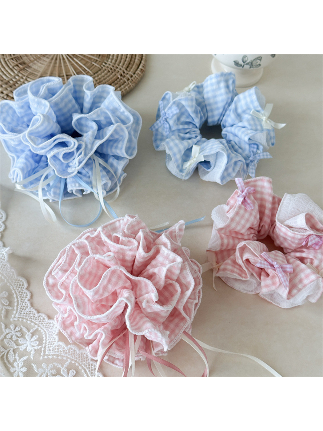 Gifty - Ruffled Gingham Ribbon Bow Hair Scrunchie