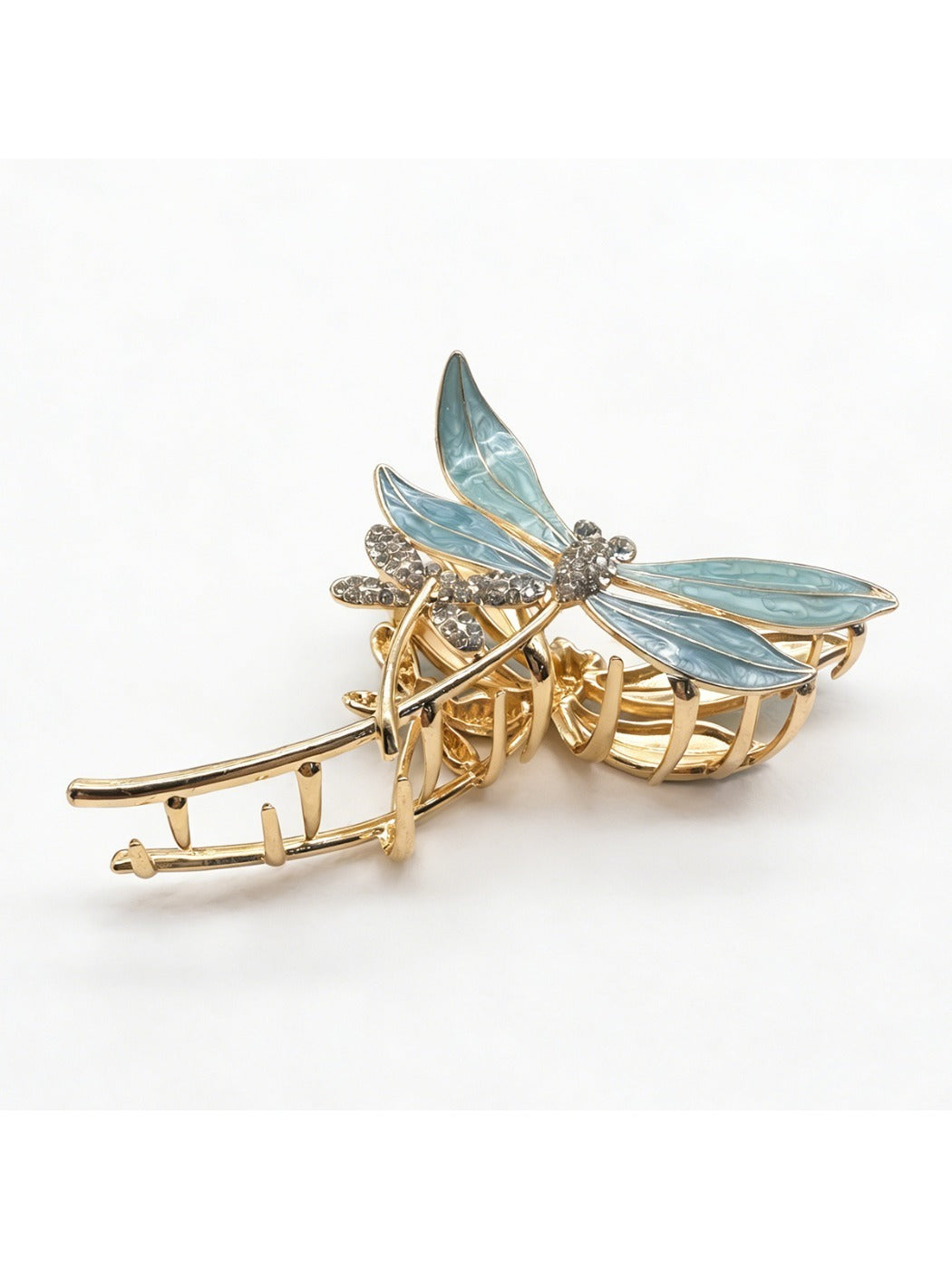 Side view of Beau elegant dragonfly hair clip showing the clasp mechanism