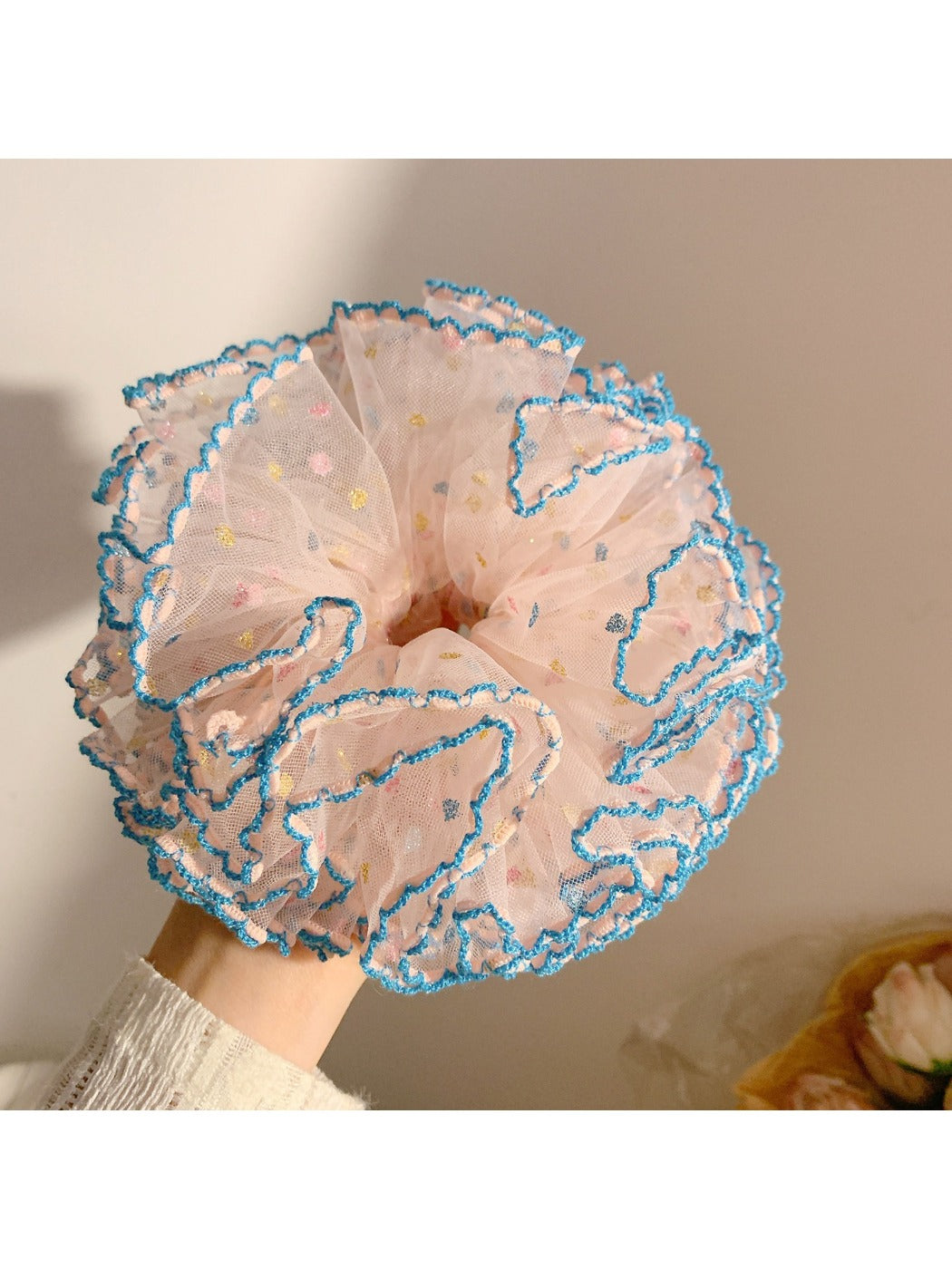 Model wearing Gifty Hazy Elegant Mesh Scrunchie styled in a loose ponytail