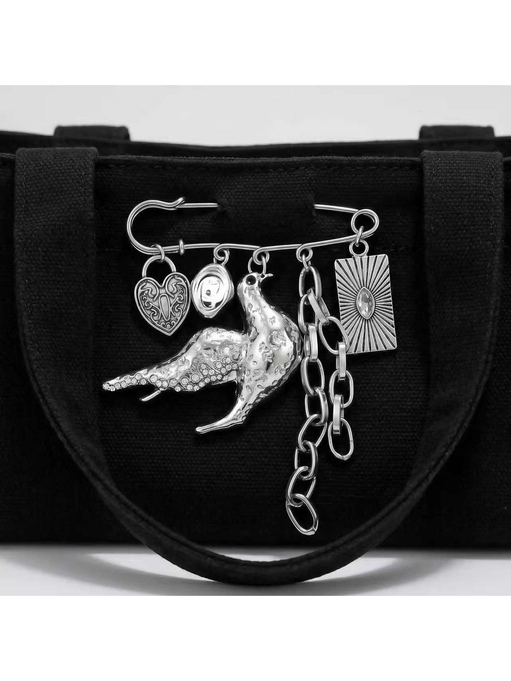 Brovia - Punk Bird Chain Detail Alloy Statement Brooch