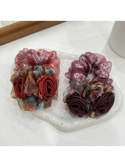 Gifty-Floral Hair Tie Elegant Bow Scrunchie Summer Mesh