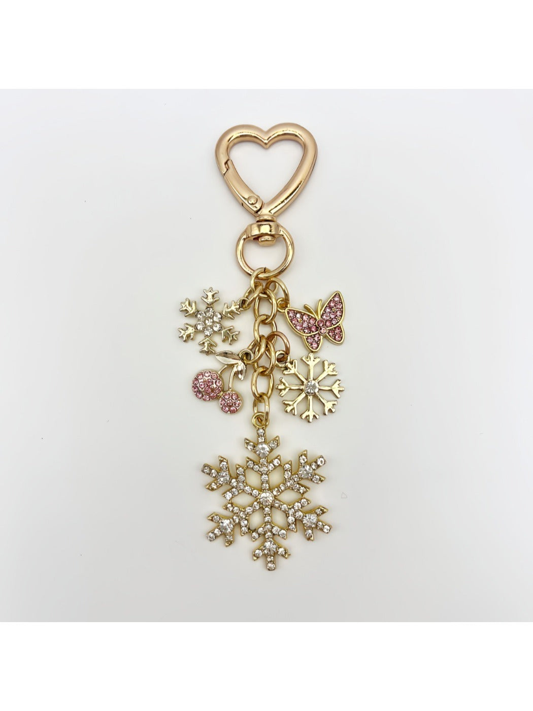 Close-up of snowflake pendant keychain highlighting fine metalwork details