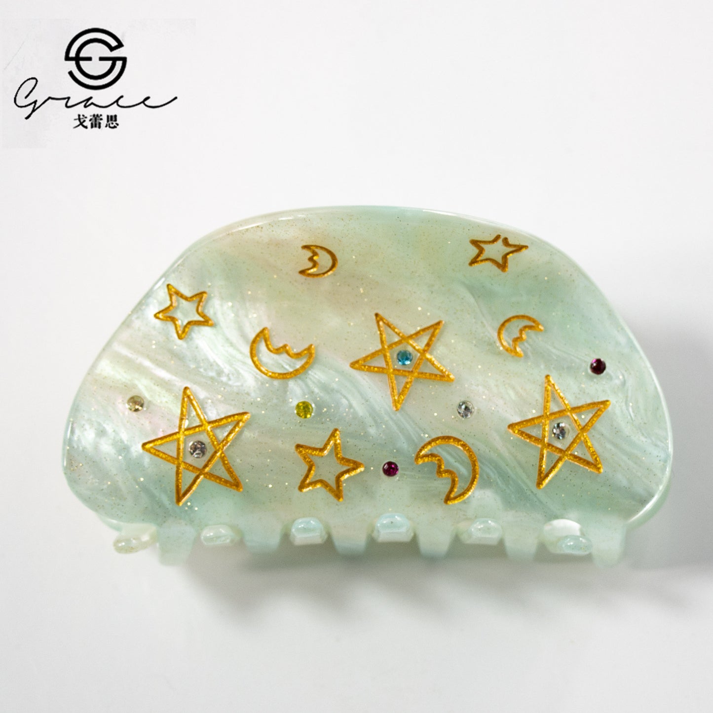 月亮五角星发夹金线彩色饰品钻石8月新品亚克力8公分葱粉儿童抓夹