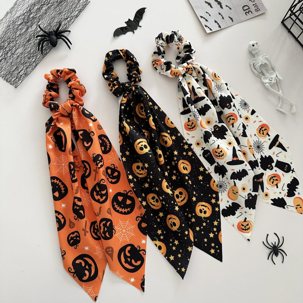 Orange black and white Halloween ribbon scrunchies