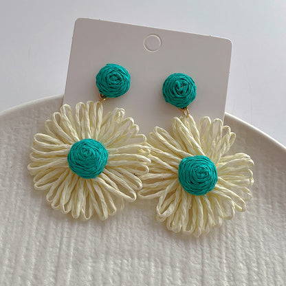 Handwoven Contrast Color Flower Stud Earrings