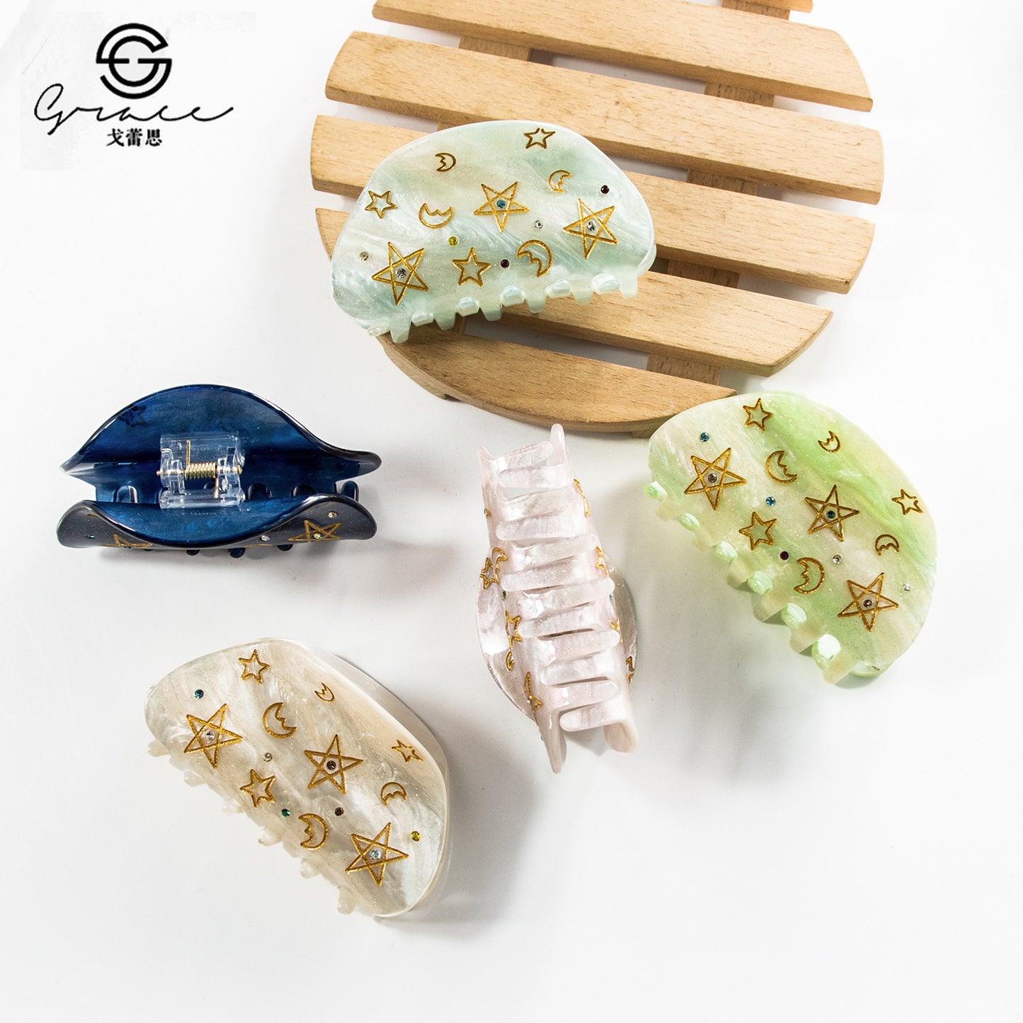 月亮五角星发夹金线彩色饰品钻石8月新品亚克力8公分葱粉儿童抓夹