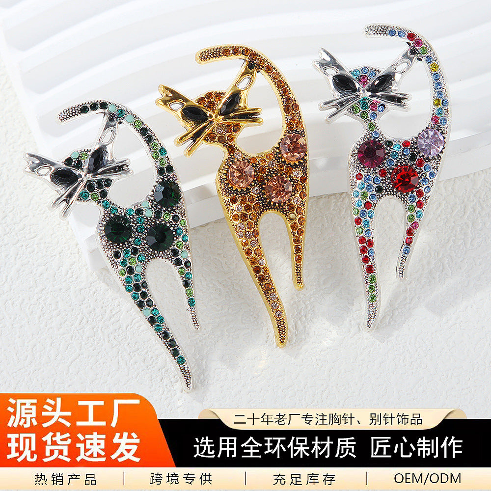 跨境欧美时尚 复古可爱小猫咪胸针 精致镶钻胸花网红创意服领针