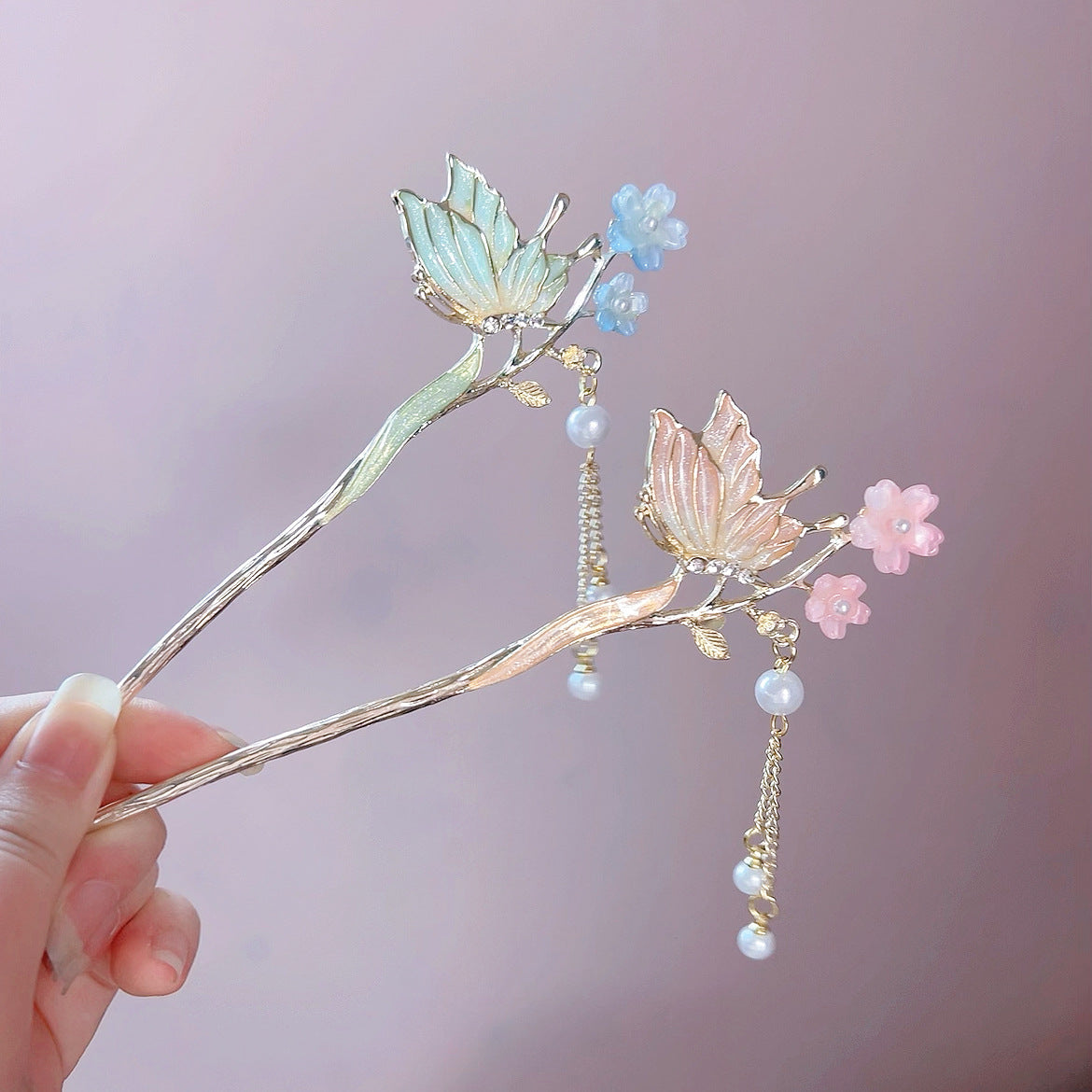 蝴蝶花朵发簪高级感珍珠流苏步摇女新中式小清新簪子古风挽发发钗