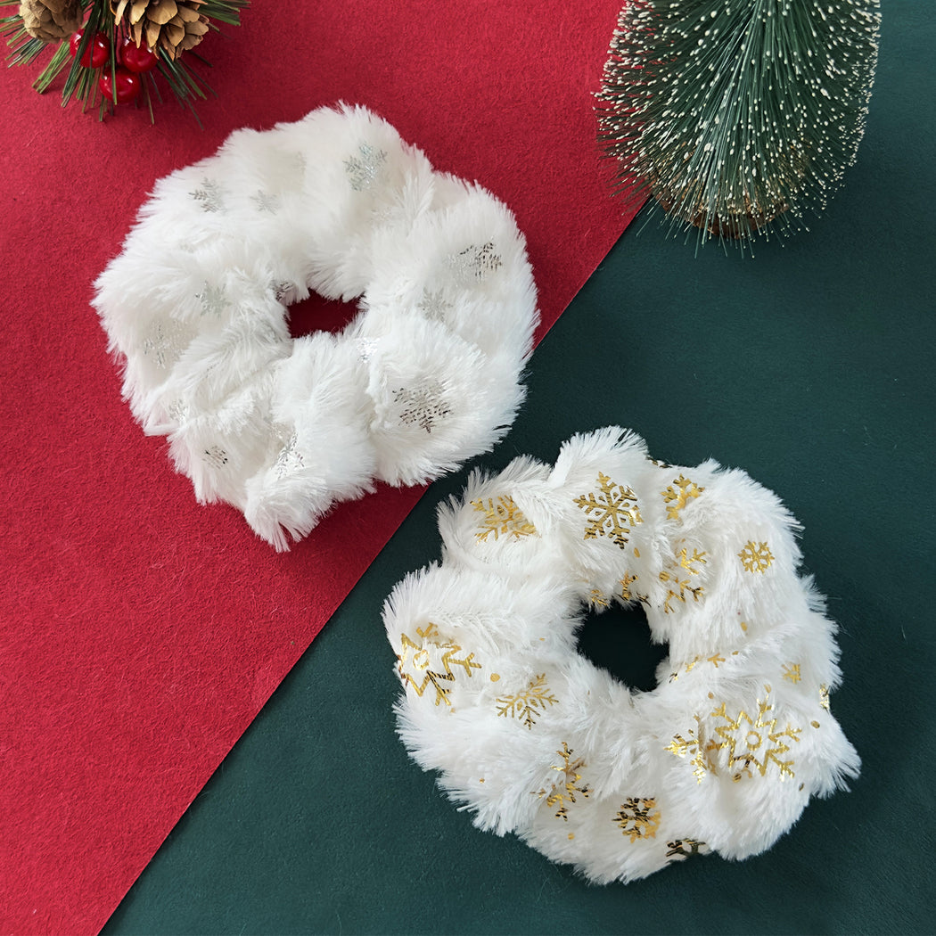 Silver Christmas snowflake plush scrunchie detail