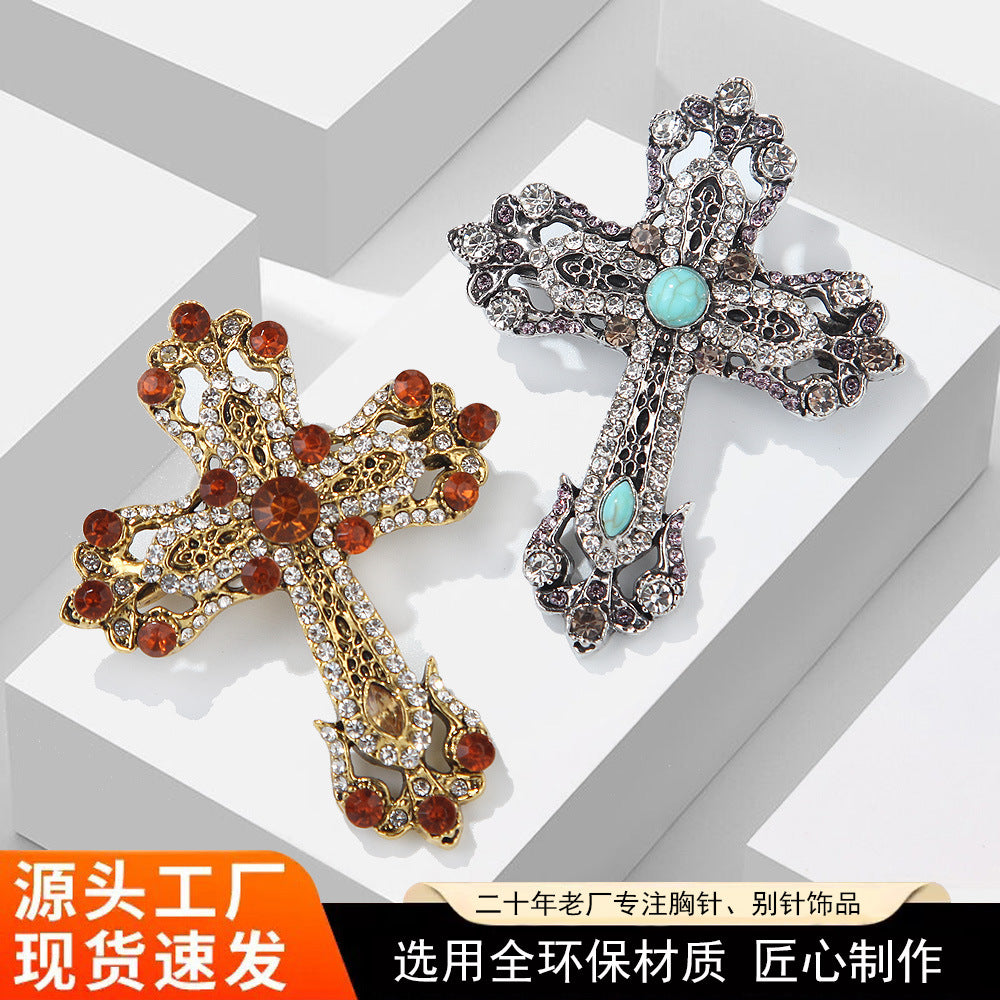 欧美跨境vintage中古水钻十字架胸针男士宫廷风西装外套别针配饰
