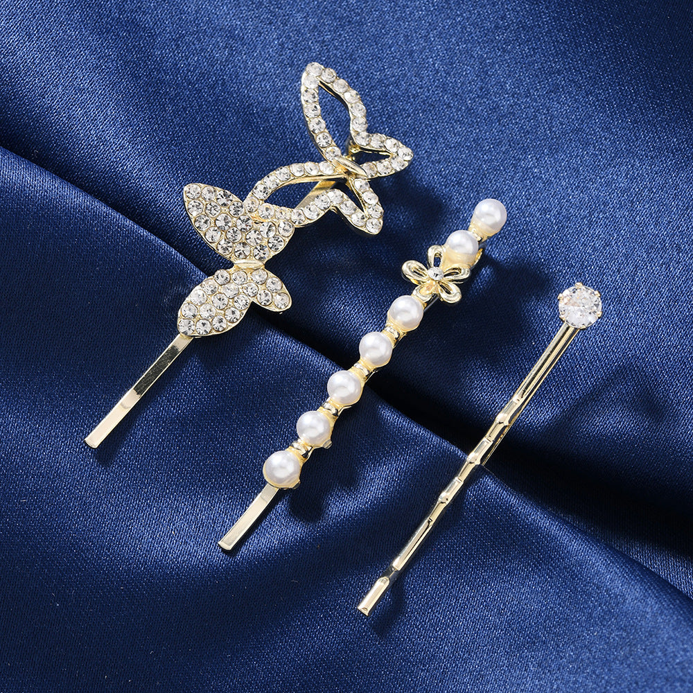 新款韩版高级感蝴蝶水钻发夹可爱网红珍珠刘海夹侧边夹半扎夹饰品