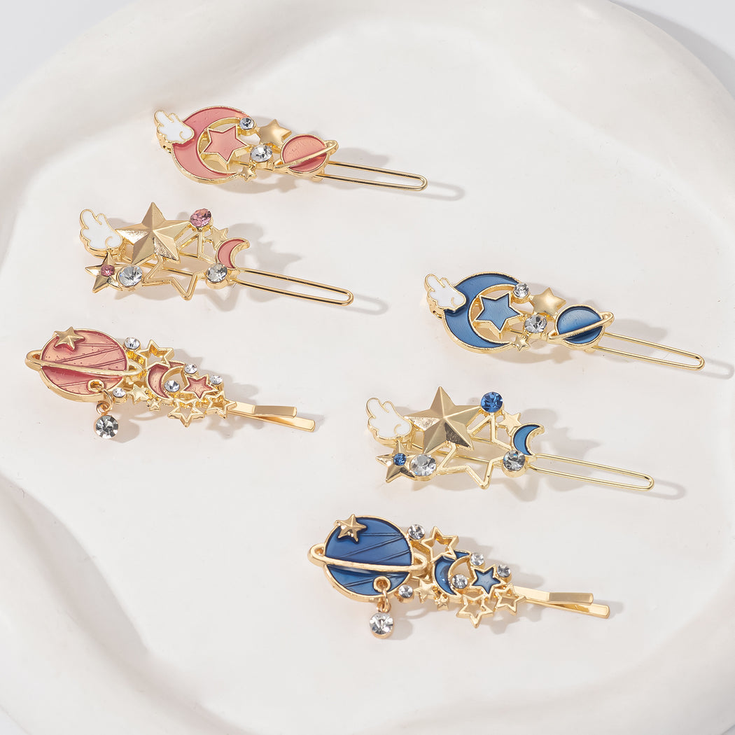 Pink and blue celestial cat three piece hair clip sets