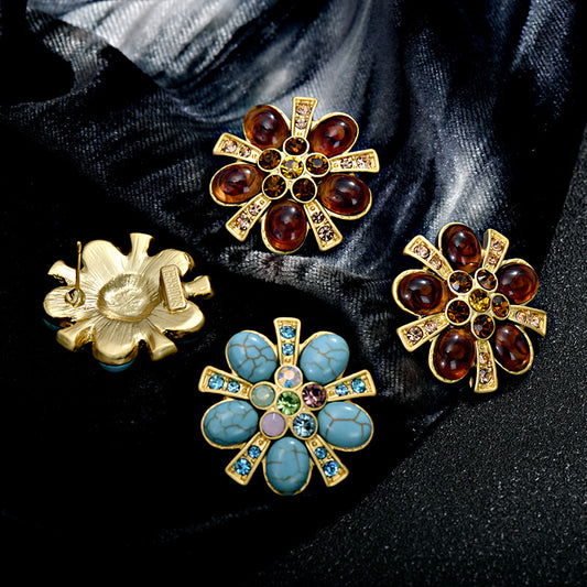 Vintage Floral Glass Stud Earrings with Turquoise