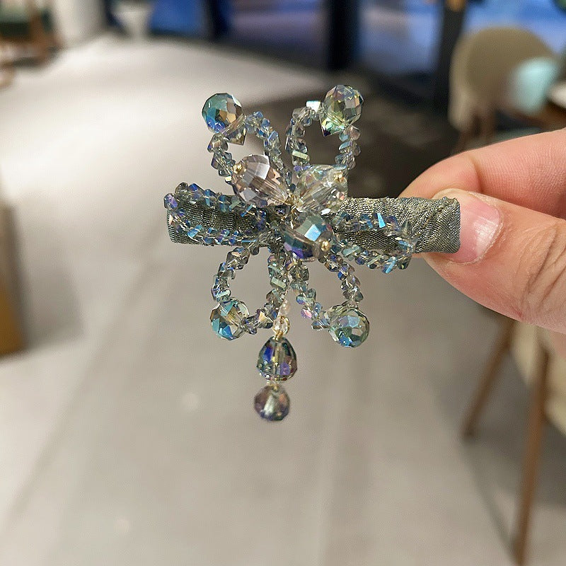 甜美水晶花朵流苏发夹鸭嘴夹高级感韩系新款后脑勺侧边夹发夹发饰