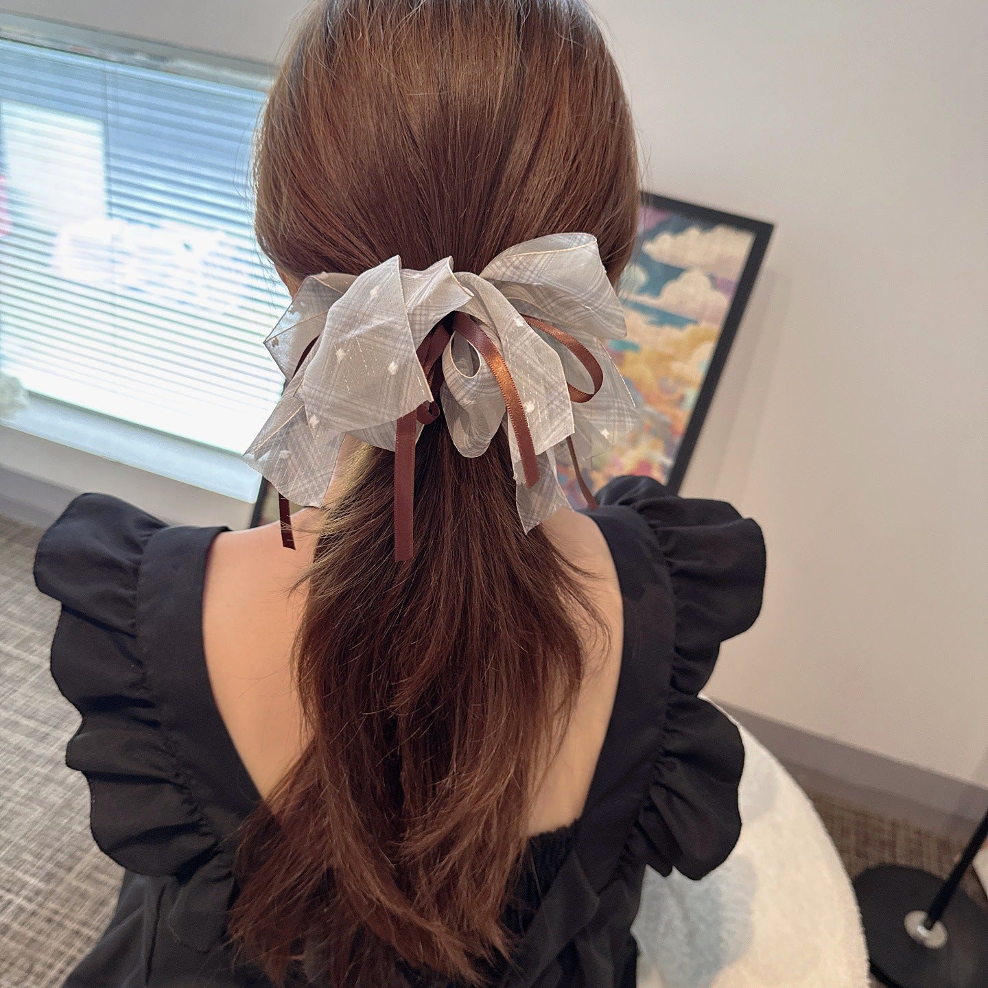 韩系咖色网纱格子蝴蝶结大肠发圈女复古慵懒风百搭头饰发绳扎头发