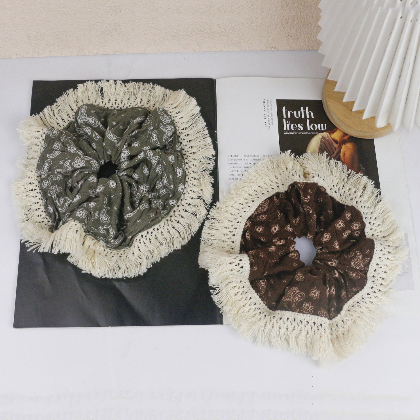 复古腰果花流苏花边大肠发圈民族风蕾丝毛边布艺发圈网红发饰混批