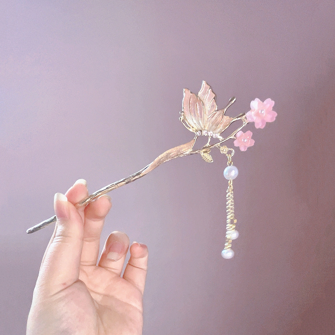 蝴蝶花朵发簪高级感珍珠流苏步摇女新中式小清新簪子古风挽发发钗